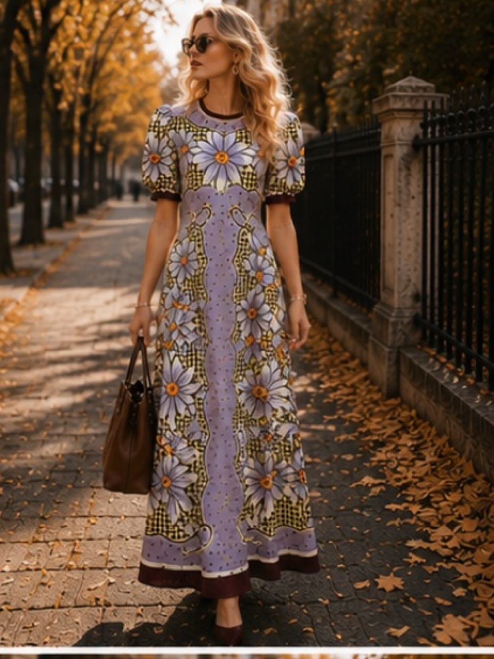 Alemais Lavender Floral Midi Dress with Puff Sleeves and Brown Trim